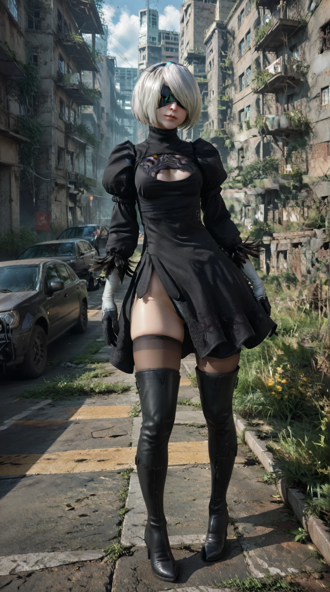 8k, ultra realistic, masterpiece, best quality, ultra detailed, beautiful face, beautiful skin, photorealistic, (professional lighting:1.2), nier_automata, 2B, yorha_no._2_type_b, white hair, short hair, black_dress, black_hairband, robot_joints, android, cyborg, clothing_cutout, light smile, pearl necklace, looking at viewer, (((full body))), focus on face, ultra sharp, on street in business district, ultra detailed photo background, (((Inside a ruined building in the near future, inside the bathroom, an inviting gesture)))