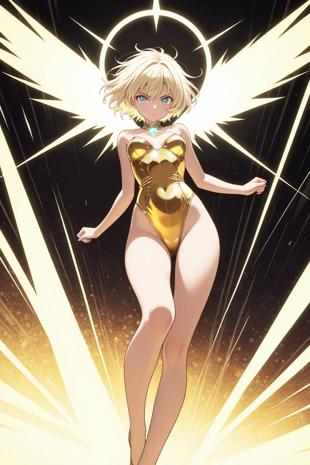 (((masterpiece))), (((best quality))), (((high quality))), (((1girl))), ((young woman)), ((shy)), (((Superhero))), (((slender body))), ((platinum blonde hair)), (((abundant slightly wavy short hair with accessories))), (pink eyes), black eyeliner, salmon eye shadow, full lips, peach lips, many moles all over the body and face, freckles, slender and slightly strong body, ((pale skin)), long legs, medium breasts, high hips, small waist, big ass, thick thighs, ((white and gold modern superhero costume)), ((white heeled boots)), ((white gloves)), floating 