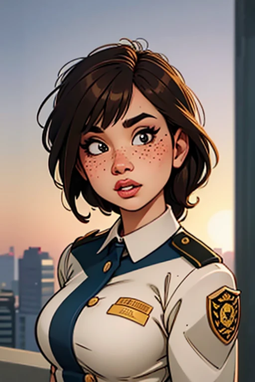 cartoon of a woman in uniform with a hat and a city in the background, gta chinatowon art style, urban girl fanart, officer, gta art style, stunning character art, style of gta v artworks, official fanart behance hd, character art closeup, digital anime illustration, a beautiful artwork illustration, cushart krenz key art feminine