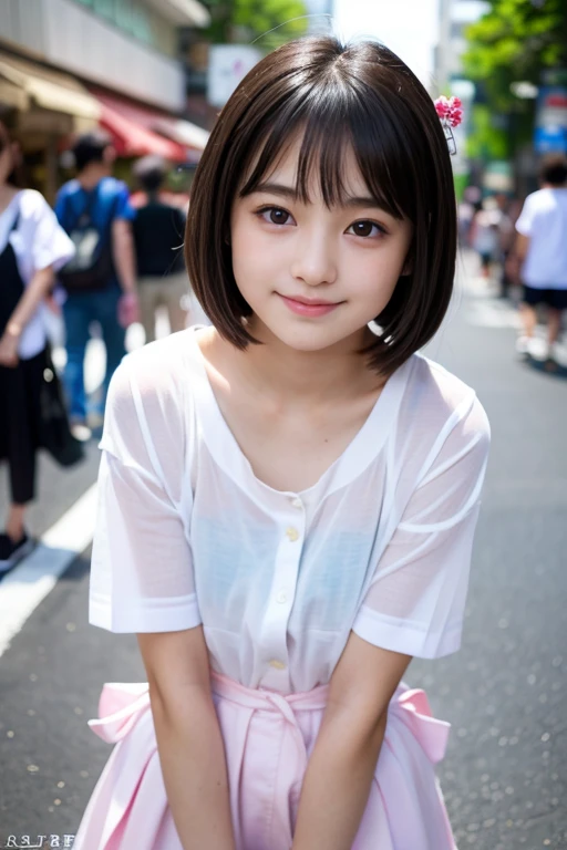 Best image quality、Highest quality、masterpiece、Ultra-high resolution、、immature、Realistic:1.4、Professional Lighting、Cute school girl、Baby Face、Very short hair、thin、Moderate size chest cup bust、Large erect nipples、smile、(She is wearing a light blue mini dress、Her cleavage is visible:1.4)standing on the street in front of the station、Many passers-by in the background、Crowded、Tabletop
