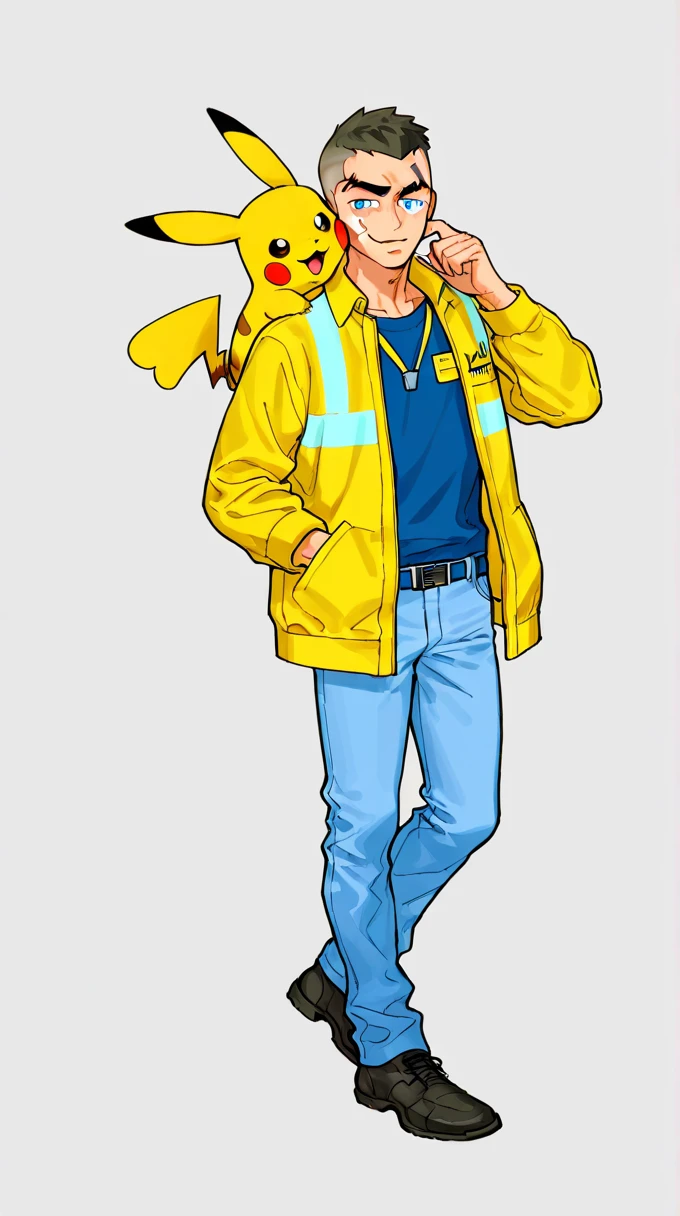 Humn kiss Pikachu On the cheek , 1 human Male Age  27 With Brown fade haircut , 1  Pikachu , Work uniform   ,scar on eyebrow,  yellow Jacket  ,big eyebrows, ,  ,BLUE pupils ,Full body,Jeans 
