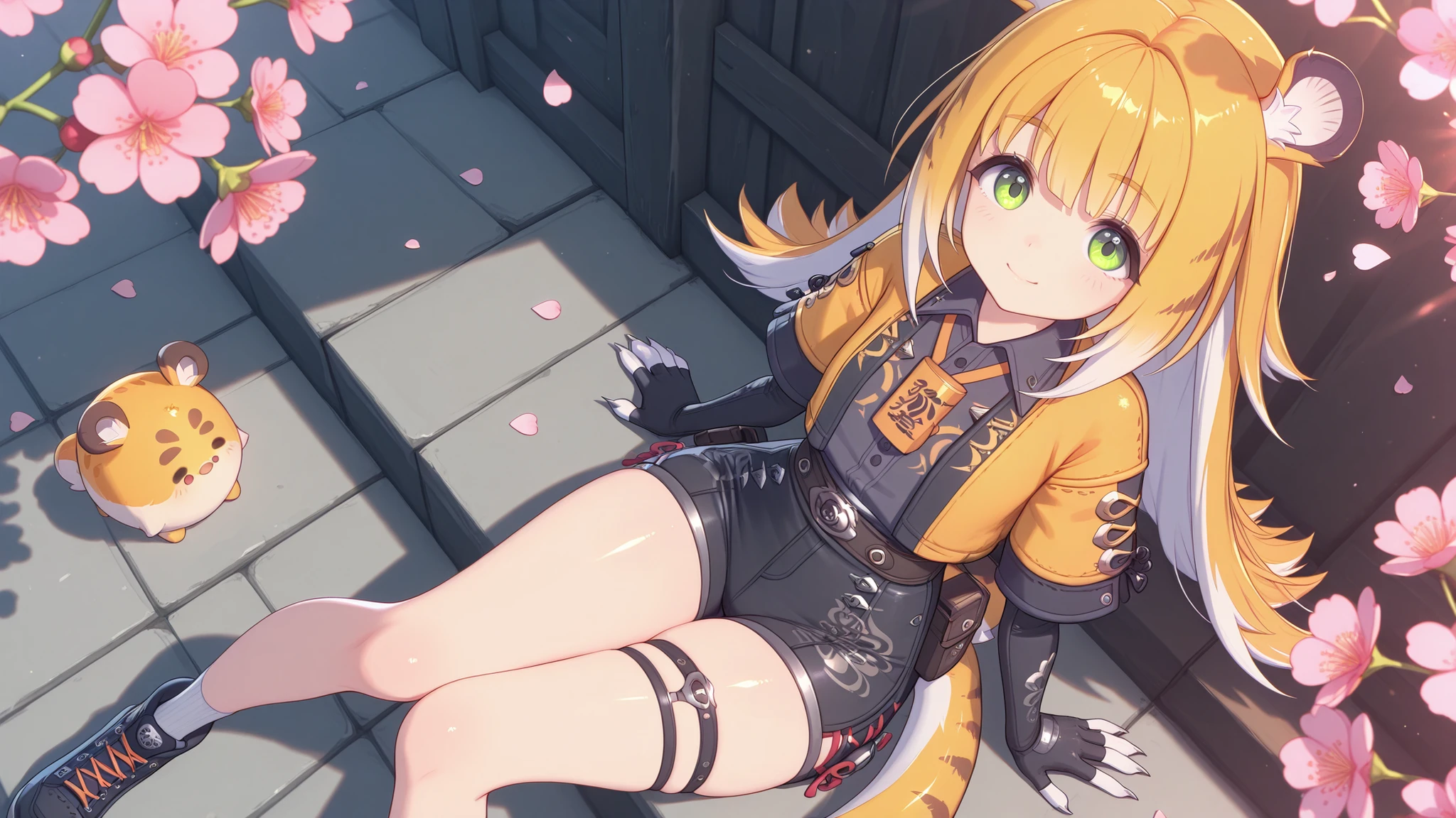 eyesHD,One 1 , shiny skin, high angle, sits, looks at the viewer, cunning look, sweet smile,
JuFuFu,
Shine, Shine, sun beam, flower petals on the background
shows claws