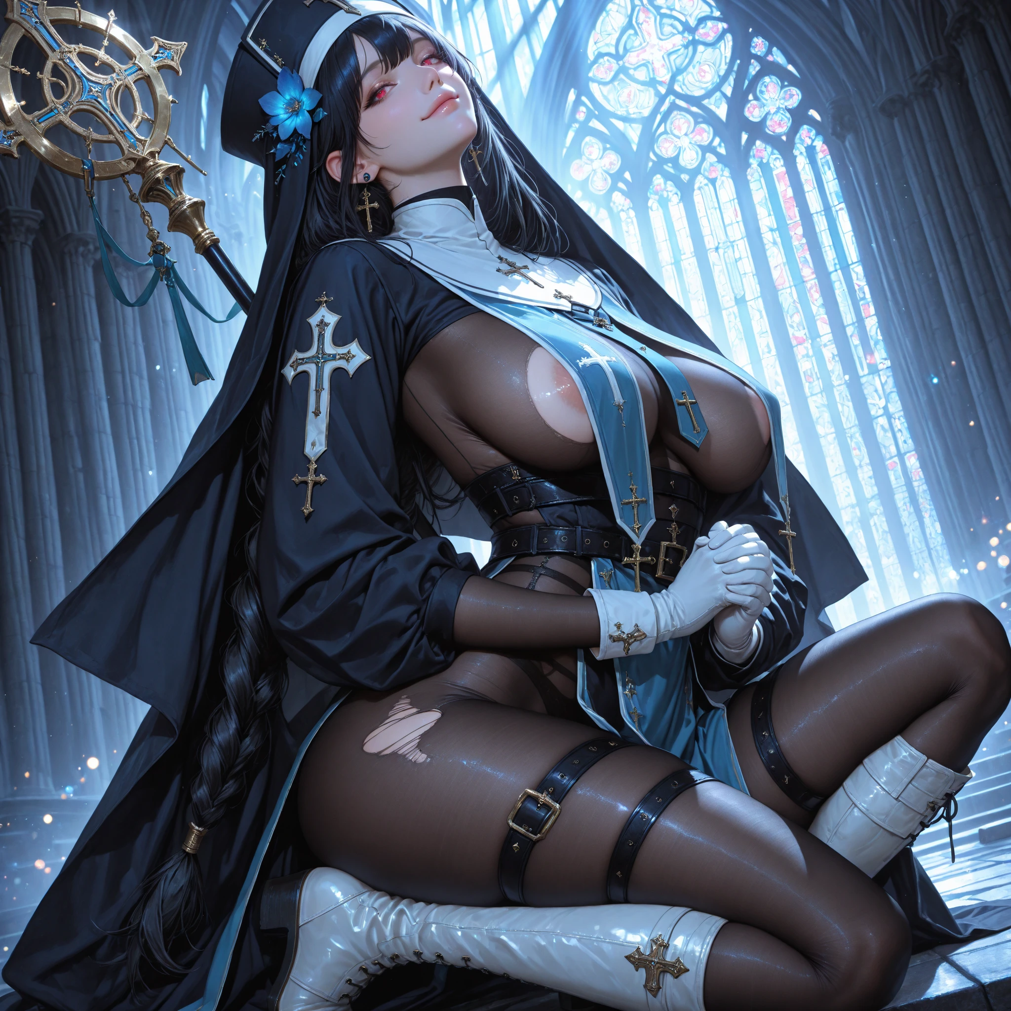 Dynamic shot, dynamic angle, ((3 females)), A picture of 2 beautiful succubus dominating sexy nun on a leash, ((2 demon females and a nun)), (nun in a middle, squatting, legs spread, chained , exposed, scared, obedient, harassed, insecure, burning halo, demon wings, wings spread, demon tail), (2 beautiful female demons around, dominating, standing above , powerful poses), demons, beautiful succubuses, horror, dark, sexy, rough domination, domination, bdsm, golden chains,(golden leash), collar, beautiful bodies, slim, horror style, highly detailed faces, horns, horny, scared, stockings, (white silk lingerie, white stockings, white gloves), leather tight boots, camera angle from above, looking up, closeup, blue light, blue tones, highres, sharp focus,(ultra detailed,extremely detailed),(photorealistic artwork:1.37),(extremely detailed CG unity 8k wallpaper),(intricate),(masterpiece),(best quality),(intricate background),photo realistic,analog style,((intricate detail)),(((realism))),