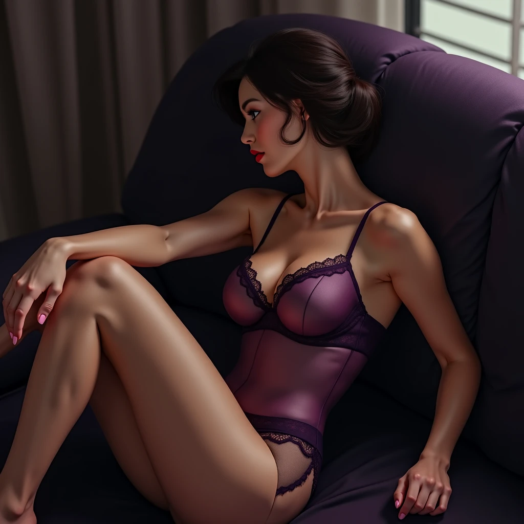 Image photoréaliste. Jolie femme latine aux cheveux très courts. Porte une robe légère, décolletée. Allongée sur le dos, une cuisse écartée, laissant apparaître sa culotte couleur lavande. Des bas dentelles noir sur les jambe. Fond noir