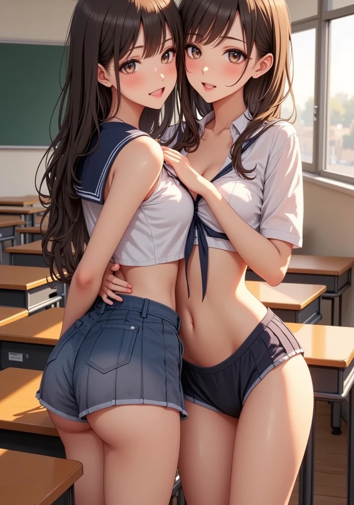 2 school girls , bathroom , skirt lift no panties , looking each other , nude , pussy , open shirt