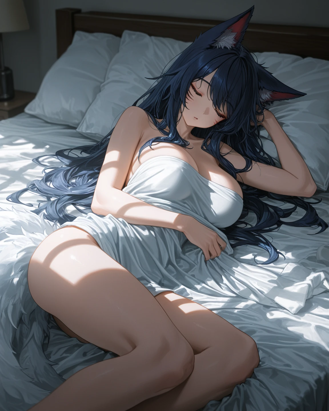 (remover censura), ((((sensuous))), best qualityer, masterprice, 1girl, (独奏: 1.1), raytracing, ultra detaild, face detailed, 8 k wallpaper, breasts big, niplles, ssmile, Broad Hips, nadegas, in a bed, long hair, animal ears, bangss , wolf's ears, gazing at viewer, wolf's tail, sexy clothes, へそ, facing the front, (fangs, standing on all fours, deitada in a bed :), (((hentai))), (((((nsfw)))