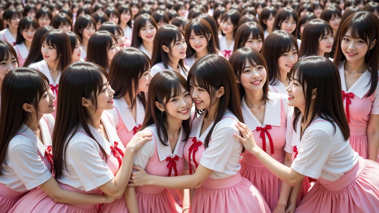 highest quality, masterpiece, detailed skin, detailed clothes, detailed face, a girl carrying 20 cute girls on her shoulders, cheerleading, whole bodies, pile on, pile up, human tower