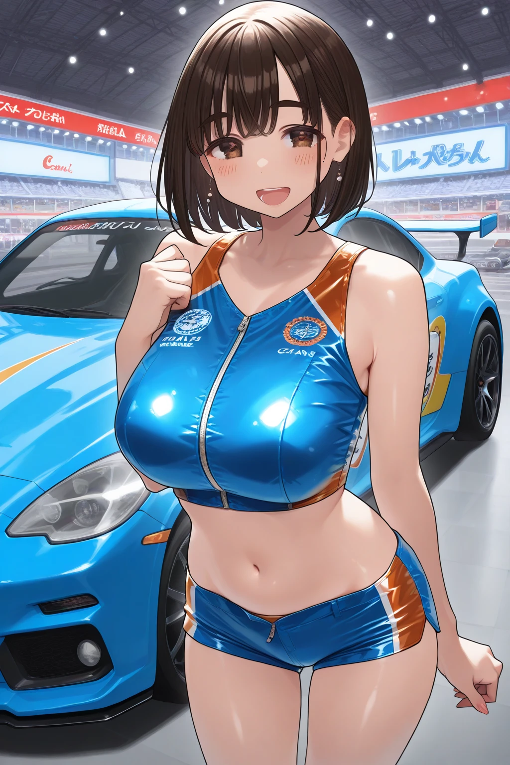 score_9,score_8_up,score_7_up,masterpiece,best quality, source anime, realistic, super detailed, extreme detailed, rating_safe,
1girl, standing, cowboy shot,
BREAK 22yo, short hair, bob cut, (blunt bangs), black hair, (tareme, detailed cute brown eyes), curled eyelashes, (large breasts:0.9),
shiny hair, beautiful detailed eyes, beautiful face,
race-queen-uniform, high-leg uniform,
embarrassed, light smile,
outdoors, car-race-track,