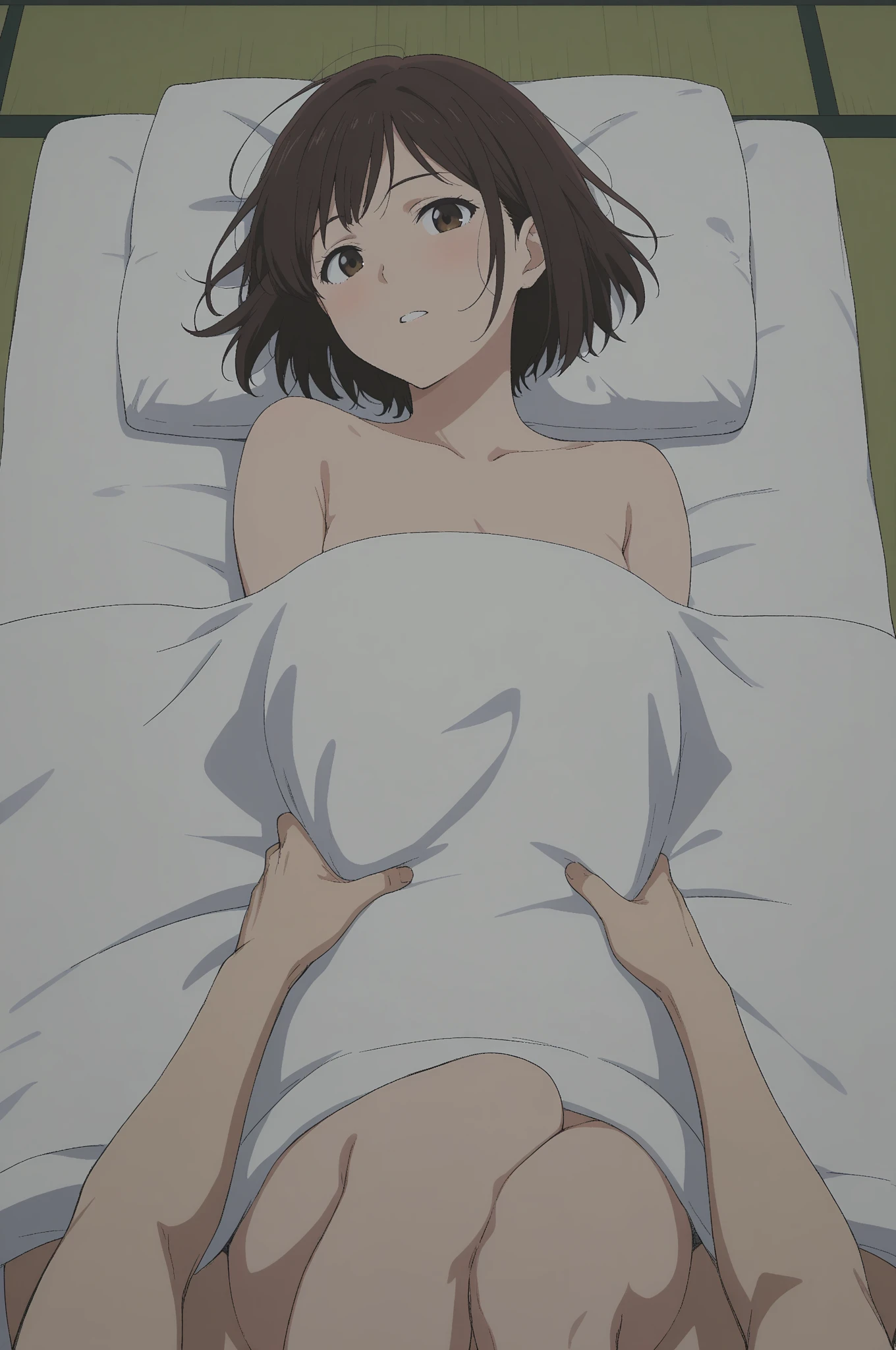 A girl with feminine appearance, short dark curly hair, with light skin and brown eyes, naked showing his slim and curvy body, with slightly small tits and short stature, in a motel room and a large window behind, posing with her naked body