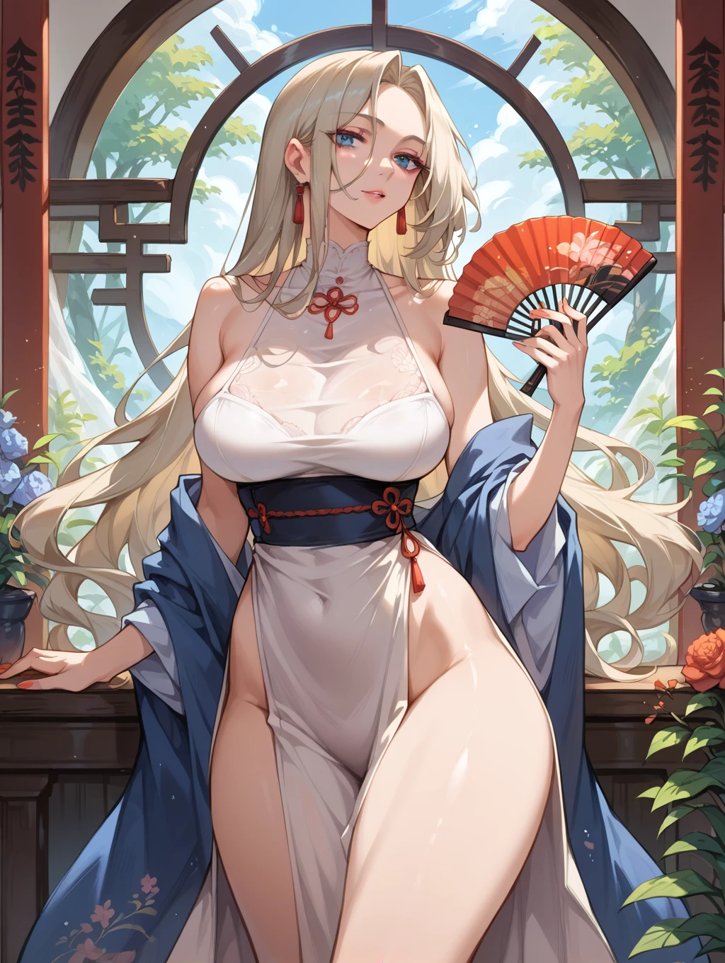 portrait of a exotic concubine with white hair that has pink tips, pale skin, pink eyes, pink lotus symbol on forehead, medium breasts, curvy body, thick thighs, big butt, pink silk dress, seafoam green robe, lotus Embroidery, armlets, bangle, jade and gold jewelry, lotus ancient hair accessories, high quality, highres
