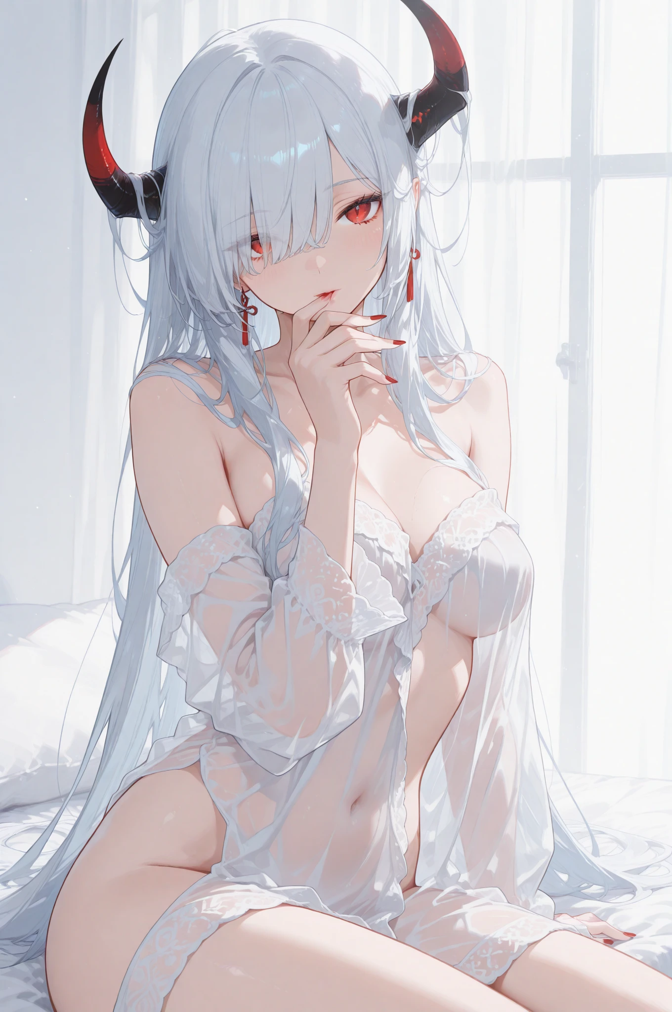 ((beautiful lighting, Best quality, 8K, Masterpiece: 1.3)), 1girl, Perfect body beauty, ((white hair)), ((White dress, [black bra]: 1.4)), (Indoor , night: 1.1), sexy pose (lie on the bed), Super Fine Face, Fine Eyes, naughty look