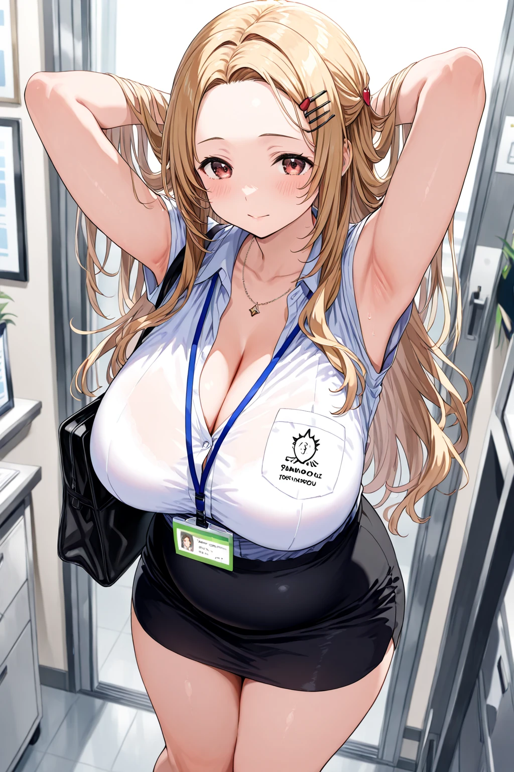 (highest quality:1.5, High resolution, 超High resolution, 4K, Detailed lighting, Shaders, Perfect Hand Anatomy), Blonde Straight Hair, Big Breasts, Nurse uniform, Cleavage, Thighs, smile, throw, Close-up shot, Are standing, Hospital Background