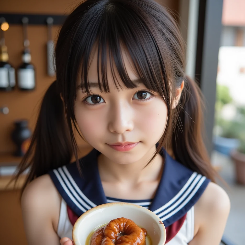 11 year old girl Japanese Light blue yukata Realistic Skin Bigeyes Eating french fries