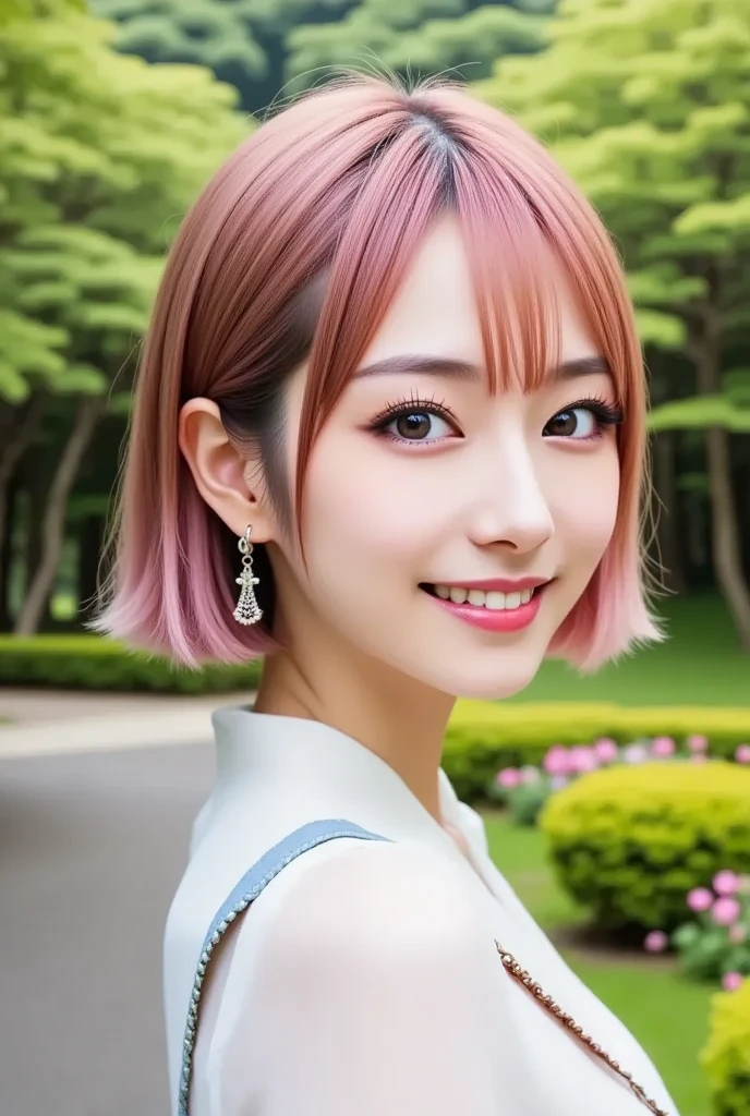 (ultra quality,ultra highres,ultra detailed,beautiful,8k:1.3,RAW photo)(masterpiece:1.3)(super detailed skin:1.2,beautiful eyes:1.2,beautiful face:1.3)(cinematic lighting:1.1) ((Two-tone brown and purpleand pink hair:1.3,Shorthair:1.3)(choppy hair:1.3),V cut with layers and bangs, Brown eyes, Soft atmosphere characteristics, One Girl, (17 year old high school girl:1.2), Sharp focus:1.2、Beautiful woman:1.4,cute, , Normal chest, Cross Necklace、Earrings、ring,(Cleavage)、Dynamic ink painting of a Japanese bamboo forest, Great art, Amazing depth, Ground level shot, The most beautiful bamboo forest in the world, Bamboo leaves shining in rainwater, moon\(pale\) In light cloudy weather, Beautiful woman\(Aristocrats of Ancient Japan, Beautiful kimono, Beautiful long black hair\) looking up at the moon holding an umbrella,Light rain, Fireflies flying around, Bamboo leaves are arranged three-dimensionally in the foreground., Long Range Shots,Limited color
