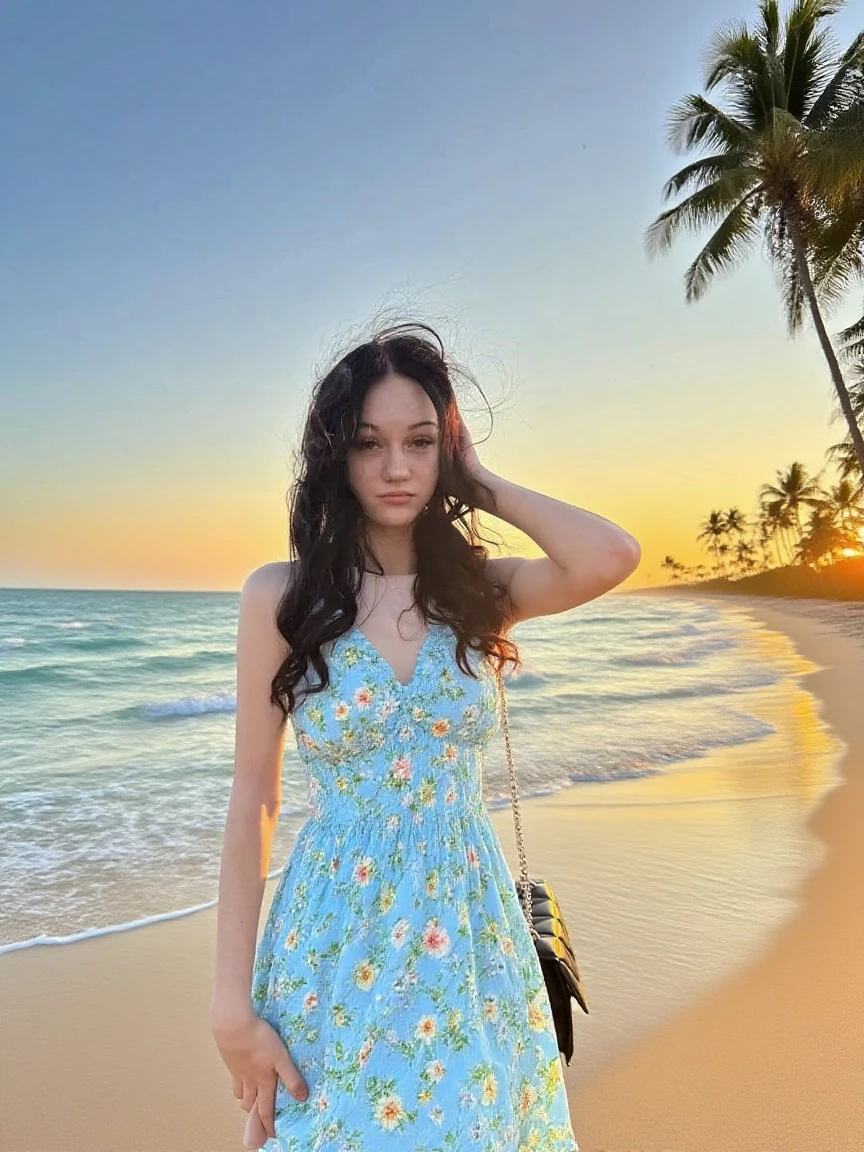 A brown curly Brazilian  is wearing a blue barbie dress and lying in a hammock, the scene is in the morning. 