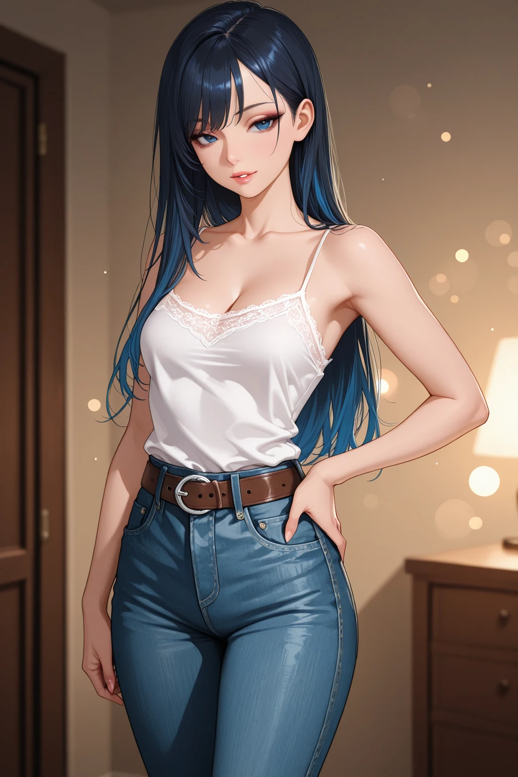 (masterpiece, best quality), Curvy blue eyed girl with long wavy black hair and small breasts, extreme:3.0, lewd:3.0