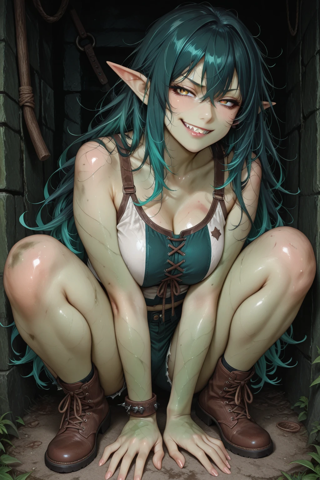 masterpiece, best quality, ultra high res, ultra-detailed, inside a kitchen, day, beautiful ocean city landscape, 1 young goblin girl, (dark green skin: 1.5), (green hair:1.4), (long braids hairstyle: 1.4), slut, hairy pubic hair, (little tits: 1.6), (erotic short maid dress with maid cap: 1.5), (cleavage exposed: 1.4), (Hard Nipples: 1.4) sweating, (she is chained to a wall while being sitting with her legs spread wide on a bench and squirting cum from her exposed pussy and while having a slutty slut face and moaning like a slut while cumming: 1.6)