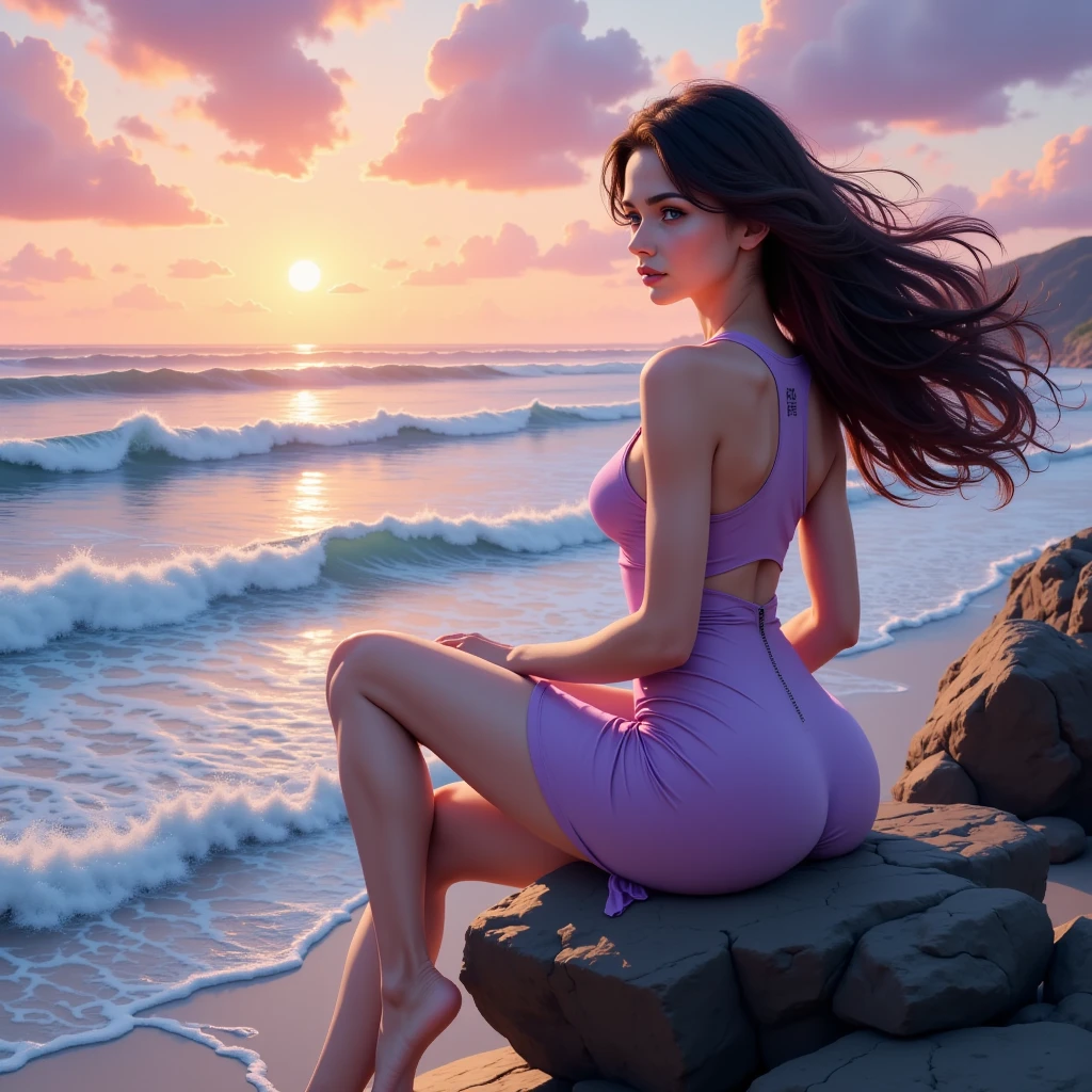 (Better lighting, melhor sombra, obra de arte, alta qualidade), Colorida, vivaz, summer feeling, muitas cores brilhantes, beautiful woman in light summer clothes, cabelo solto, sitting on a beach with crystal clear water and white sand, bright blue sky.