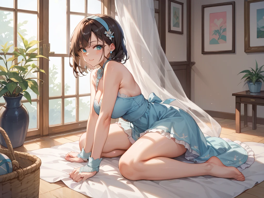 (1 person、alone:1.1), Beautiful woman, Anatomically perfect body, Slender、(Casual Dresses), midi dress, (Look down:1.2), (detailed panty), (Pussy juice:1.1)、 years old、(Highest quality)、Black Hair, (half updo:1.2), bedroom、(8K, High resolution)、(shy:1.4)、medium breast, Thin legs、Small Ass、(steam:1.1), (embarrassed:1.3), sit、Bend your knees, (High heels)、High definition beautiful face
