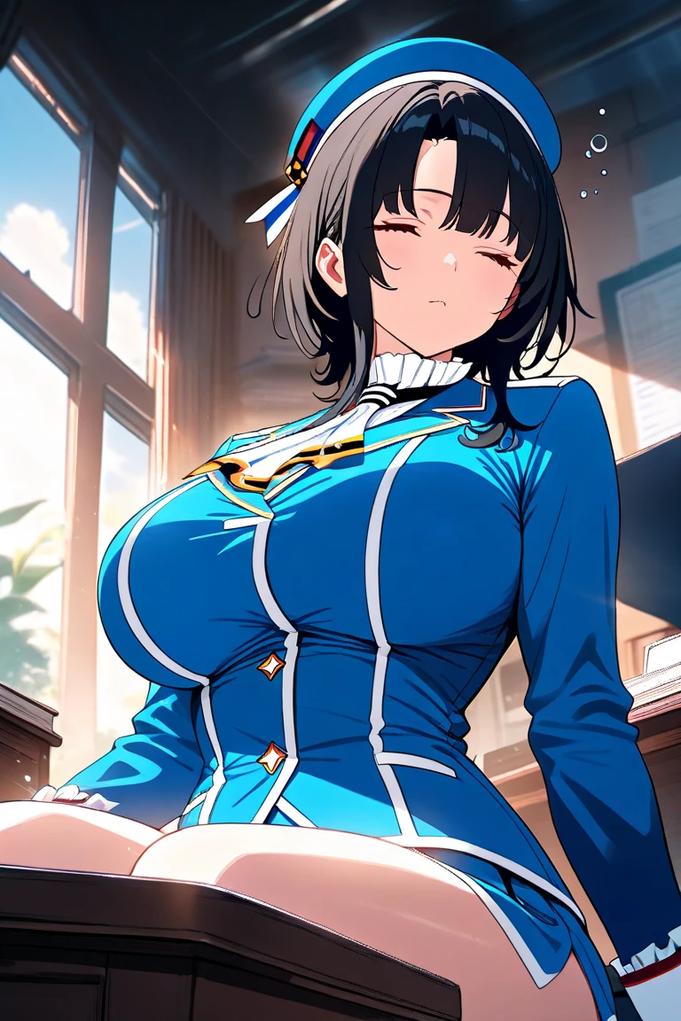Taimanin Asagi、Asagi Igawa、Bluish black hair、Long Hair、Huge breasts、The figure of a 、Sitting at a desk