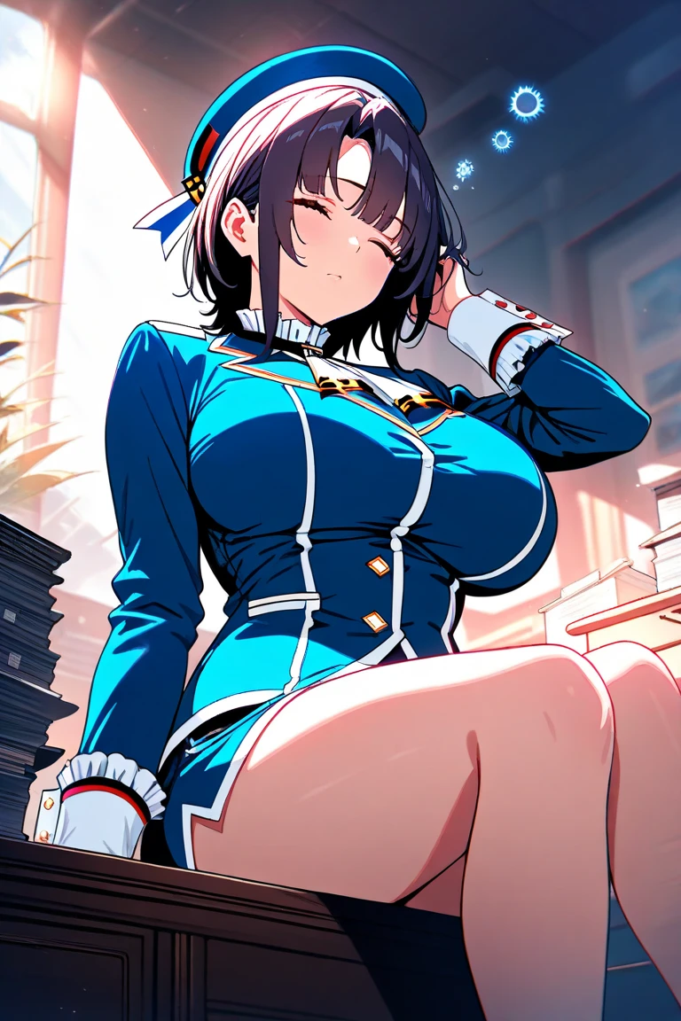 1 girl、Beautiful officer of the Earth Federation Army、short black hair,Idol-level cuteness、Accurately draw faces、Plump body,Huge breasts、Healthy Thigh Skirt Earth Federation Forces、knee height、Battleship bridge interior、anatomically correct、Precise fingers、Photo realism,Sunlight,Smile,Smile