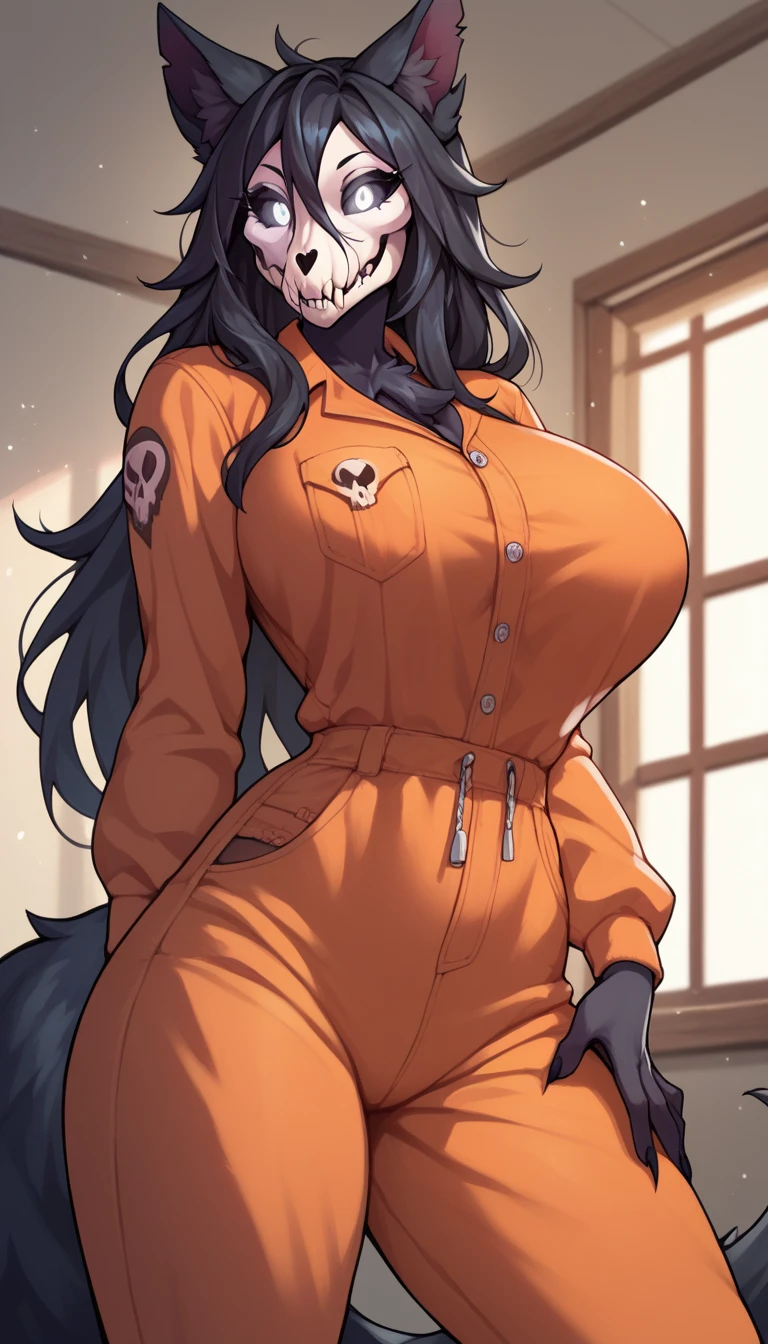 score_9, score_8_up, score_7_up, score_6_up, BREAK, MaloSCPXL, anthro furry, furry female, body fur, black fur, head skull, white eyes, glowing eyes, black sclera, black hair, long hair, hair between eyes, animal ears, black tail, large breasts, unzipped orange jumpsuit, solo, standing, looking at viewer, indoors,huge fake breasts,huge nipples, nipple outline,super wide hips,large camel toe,perky nipples, sexual, nsfw,breasts fully exposed, breasts bursting out of clothes