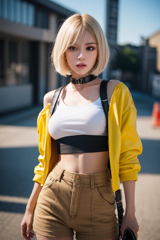 Original Character, Volumetric Lighting, Best Shadows, Shallow Depth of Field, Portrait Of Stunningly Beautiful Girl, Petite, Delicate Beautiful Attractive Face With Alluring Yellow Eyes, Messy Painted Face, Sharp Eyebrows, Broadly Smiling, Open Mouth, Fangs Out, Lovely Medium Breasts, Layered Long Twintail Blond Hair, Blush Eyeshadow, Thick Eyelashes, Applejack Hat, Oversized Pop Jacket, Mini Underboob Tee, Open Navel, Slim Waist, Denim Jeans Pants, With Buckle Belt, In The Graffiti Alley, Waste Container, Outside Stairs, Outdoor Unit, Holding Spray Paint Can, Standing, (Highest Quality, Amazing Details:1.25), (Solo:1.3), Brilliant Colorful Paintings