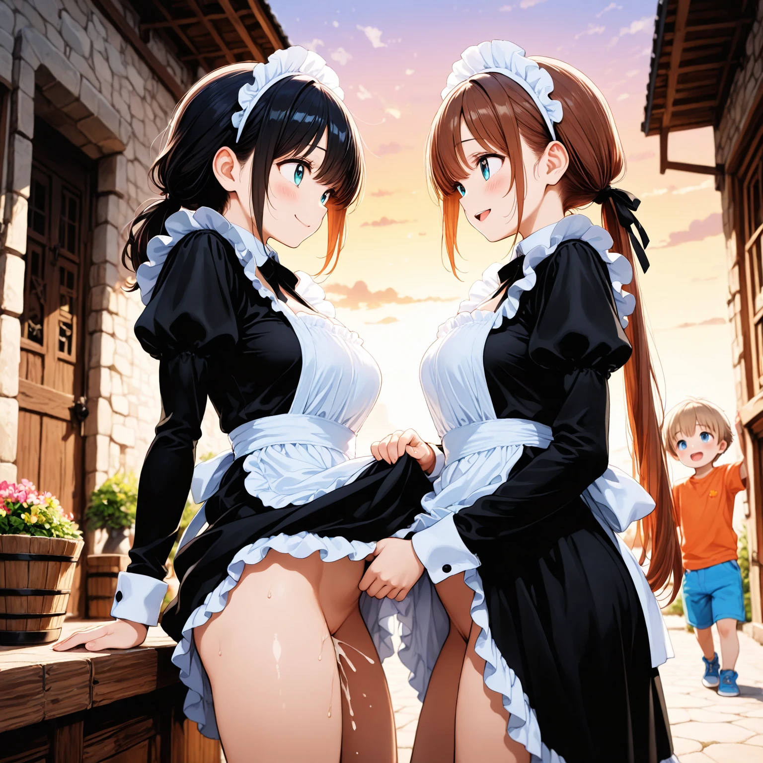 ((2 girls))、((smile))、blush、black shirt、blouse、((fun))、(small breasts)、Chirarism、black hair、(single braid)、((white apron:1.5))、((maid))、((hair ornaments)), thighs, 壊す in house, ((in house:1.5))、 BREAK looking at viewer、torn skirt,(grab the skirt:1.0)、 (perfect hands, perfect anatomy),cowboy shot、((shaved pussy:1.5))、(skirt that rolls up:1.3)、(Highly detailed labia fully exposed:1.5)、(Photo seen from below:1.3)、skirtlift