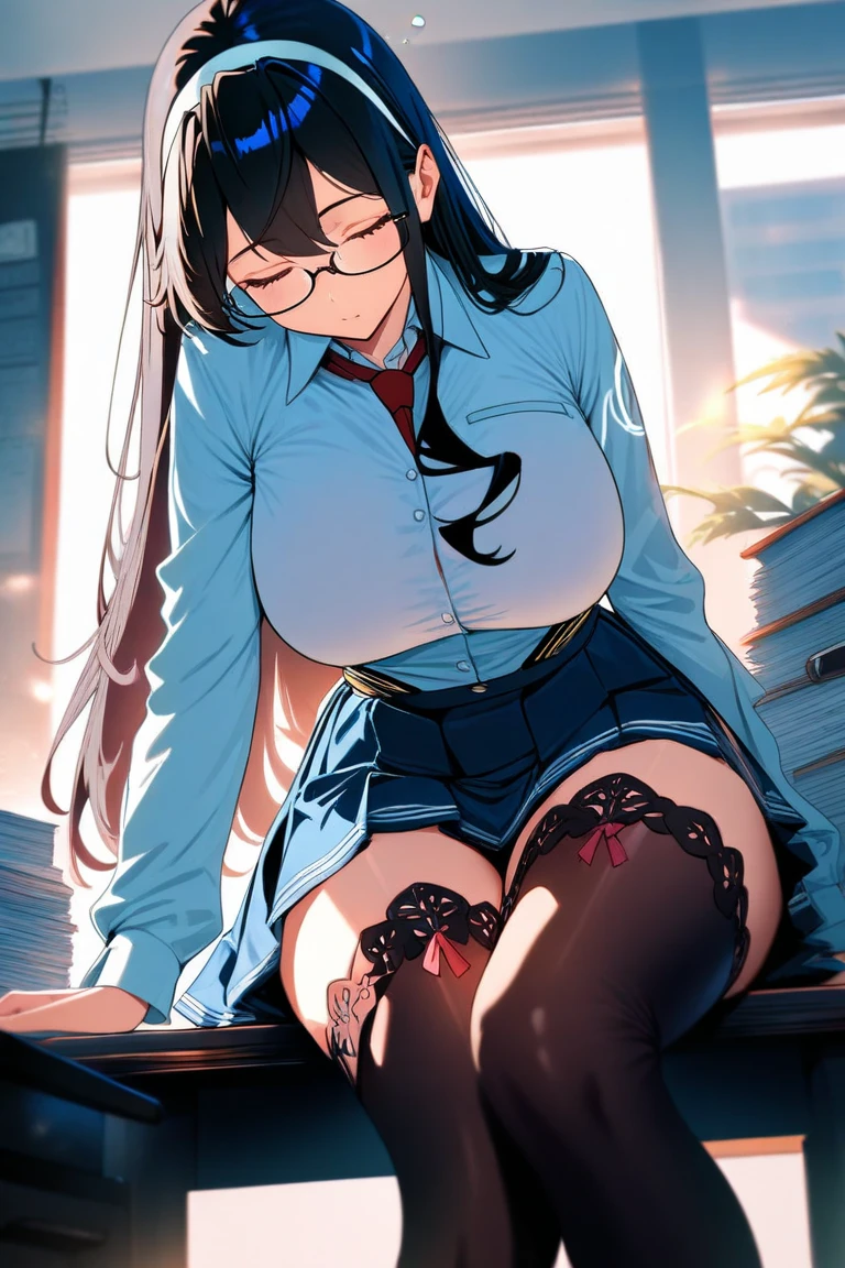 (8k、Best image quality、highest quality、masterpiece)、Detailed face、One girl、red Eyes、embarrassed,shy、((Grin))、huge breasts、((see through white shirt))、((see through))、((nipples)),((nipples visible)),((black mini skirt))、((open pussy))、sit、spread legs、white buggysocks,Shoot from below、sitting on desk,in school classroom,classroom background,Nipples,Oppai,fingering pussy,vaginal finger,hand to pussy,touch oun vagina,Exposure,pussy juice,wet pussy,cum on face,milk made braids,black hair,glasses,loli,