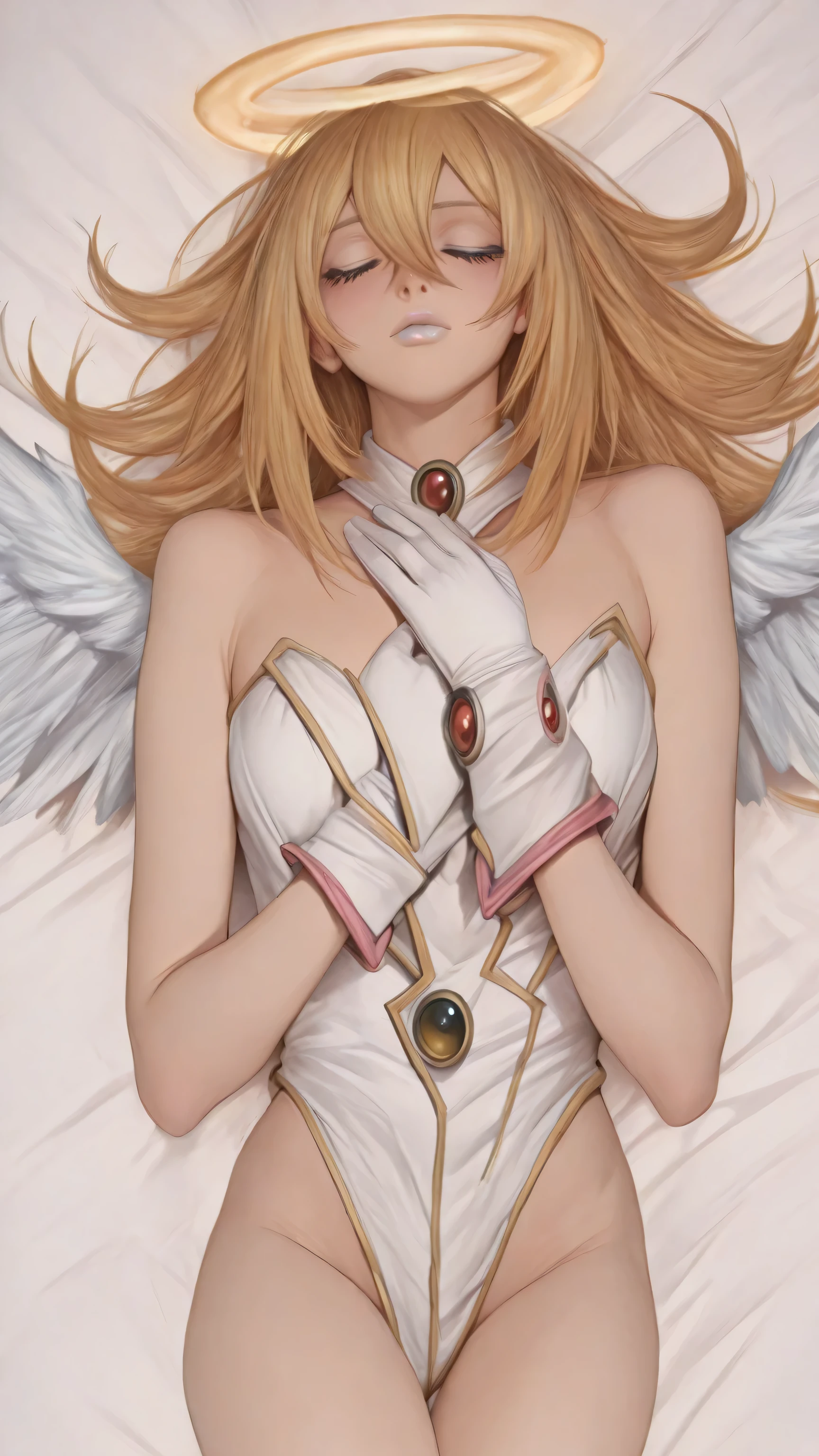 1girl, hahdd, hair between eyes, long hair, shoulders, blonde hair, dark magician girl, angel halo, angel wings, angel outfit, white outfit, white gloves, face only masterpiece, dakimakura, white lipstick, high quality features,