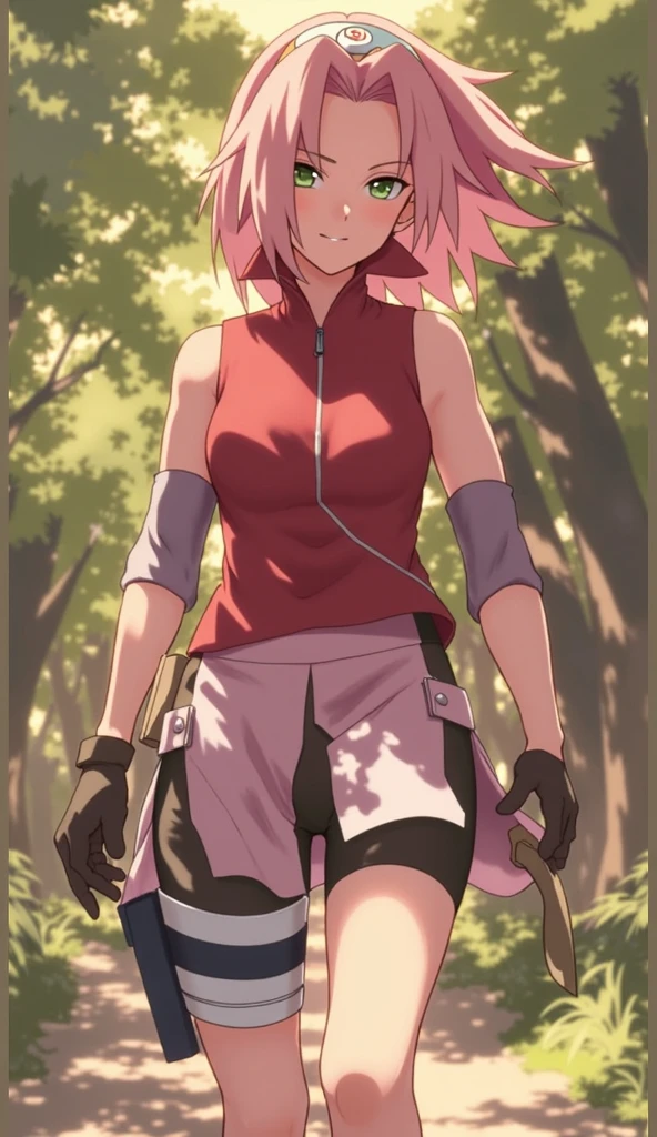 1girl, solo, full body, masterpiece, (high detail:1 1), Rough face, Natural skin, high quality, Sakura Haruno，Pink hair, short detailed hair，(headband), Green eyes，（Big breasts:1.2 ），( smile:1.2），Face blush，（cleavage:1.4），Sexy figure, perfect bodies, beautiful eyes, (Detailed face and eyes), (face: 1 2), voices, Extra, real photo, ... ... ........... PSD, sharp focus, contrast lighting, Delicate skin, High definition 8K, incredible details, realistic, professional photo shooting, 8K UHD, SLR camera, soft lighting , high high quality, film grain, Fujifilm XT3, magic, particle FX, in the forest, dark forest, horror forest, cherry blossom petals, cherry blossom trees, black shorts, biker shorts, (Standing full body), red tanktop, arm protectors, gloves, boots, from below, standing straight, nipples