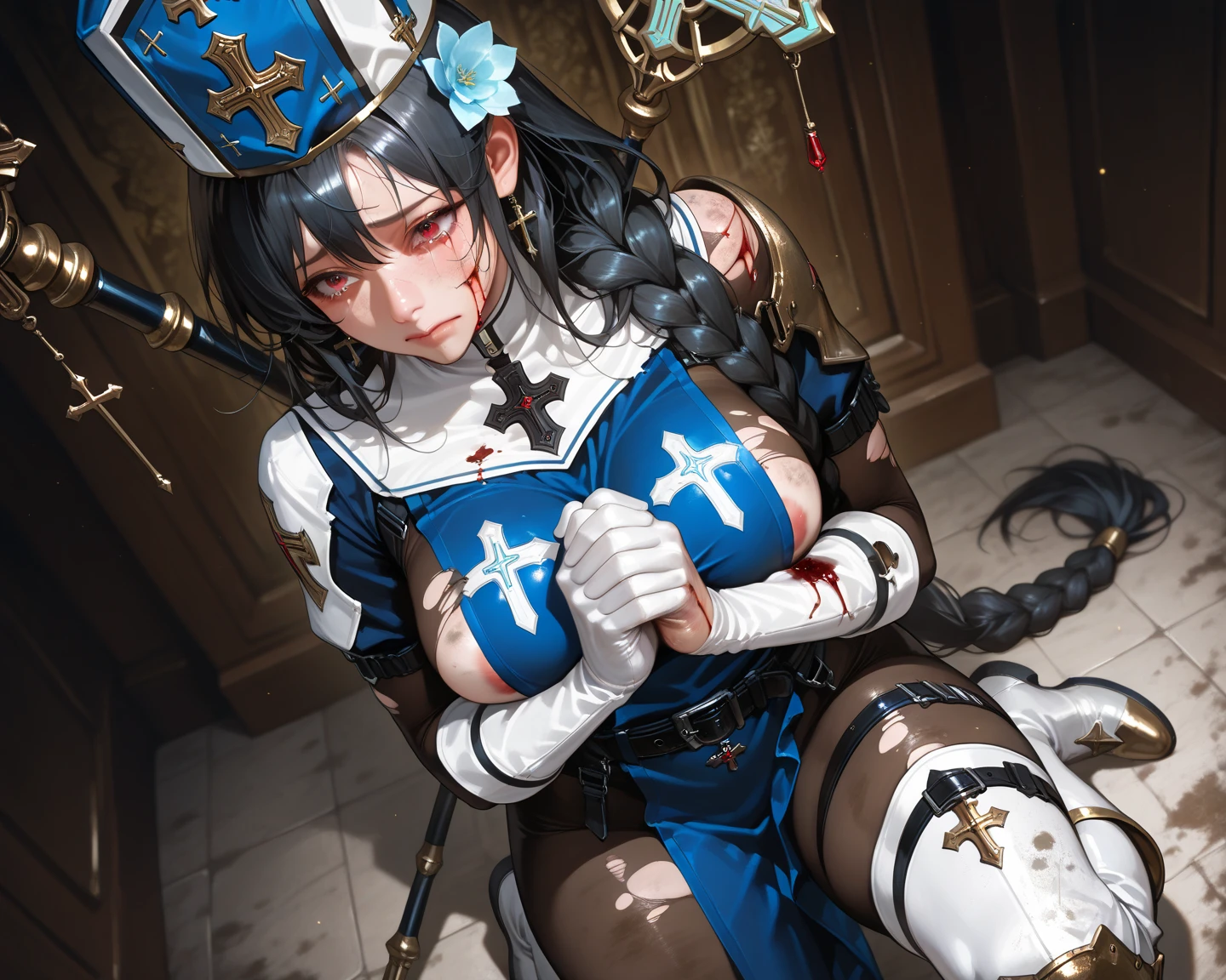 A female medieval fantasy adventurer, wounded, scared face, badly torn-damaged clothes, full body, defeated , tears, cum, full body, in tavern, surrounded by goblins, teared clothes, missionary sex, bare breast 