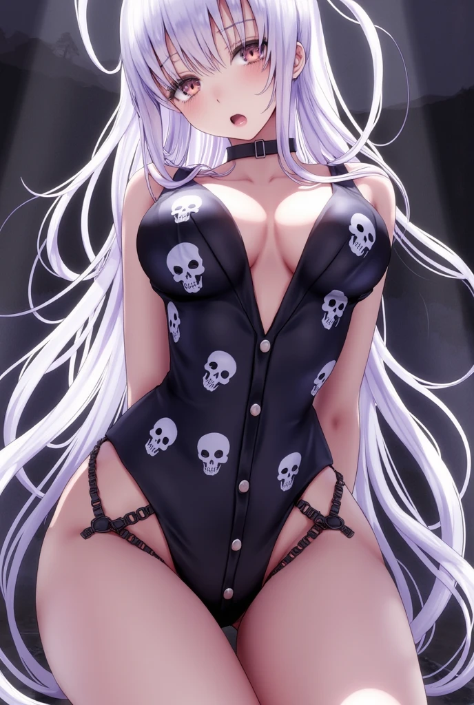 (kind_smile),(red lips:1.1),epic-Ultra-HD-details, epic-Ultra-HD-highlights, anime-upscaled-resolution,(realistic, photo-realistic:1.37), precise and realistic hair:1.1), beautiful detailed eyes, extremely detailed eyes and face, awardwinning, amazing details, super detail, best quality, 1080P, 8k, masterpiece（fullbody shot：3.0）, 1girl, asymmetrical bangs, no underwear, ( long hair, white hair, blue eyes, virgin destroyer sweater, sideboob, underboob, white panties, white thighhighs,),(((breast cutoff))),glowing white hair,asymmetric bangs,(white short bobcut),(back side long single ponytails),(long single ponytail wafts to the chest),necktie between breasts, midlle breasts, Glowing, eyes, (bone devil horns:1.5), eye shadow, Eyeliner, devil tail, Black Halo, tattoo on breasts, hair strand, (((detail bones)))