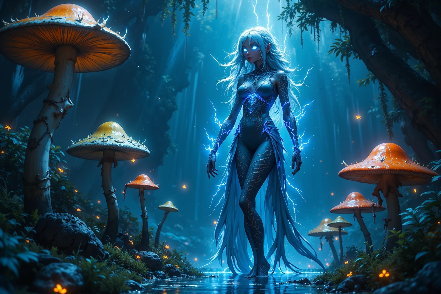 Beautiful ghost girl, in full height, Stands against the background of the forest, moon light, Soft silver ribbons flow around, Blue hair, aqua eyes, gloweyes, lightning bolts, ball lightning, stereogram, Mysterious atmosphere, tmasterpiece, Textured skin, super detaill, 8K