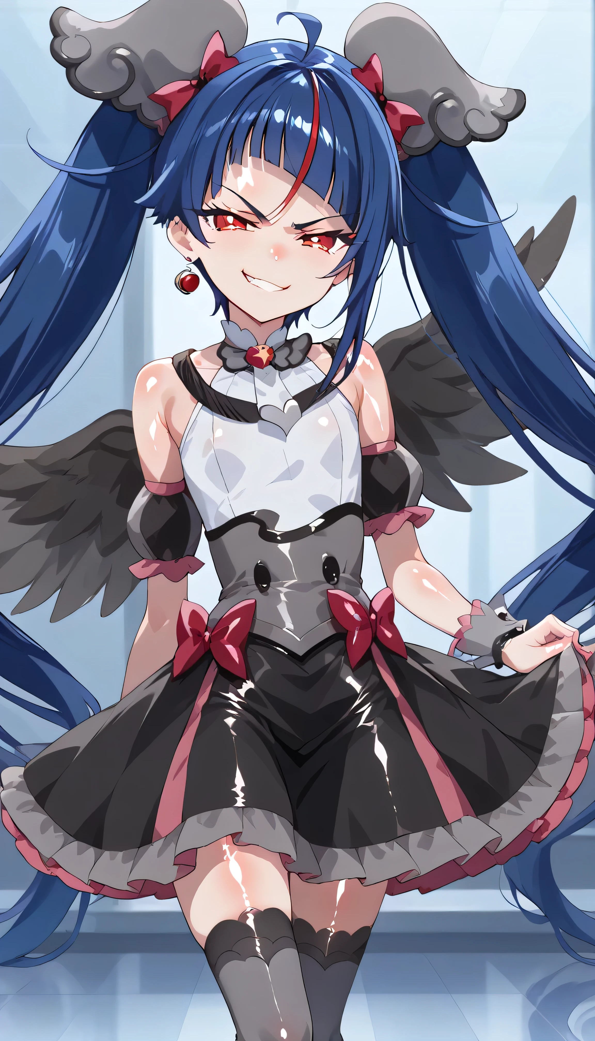 score_9, score_8_up, score_7_up, Source_Anime, official art , Anime screencap, Goddess Magazine , reflective white knee-high stockings on the glass floor , dark cure sky、( Flat-breasted:1.2), , dark blue hair、 twin tails、 , , , Let's play in the Pretty Cure uniform , pleated skirt , ,(Smirk:1.8),obscene, top quality,very detailed images,single,1 girl,(shiny skin nsfw:1.8),