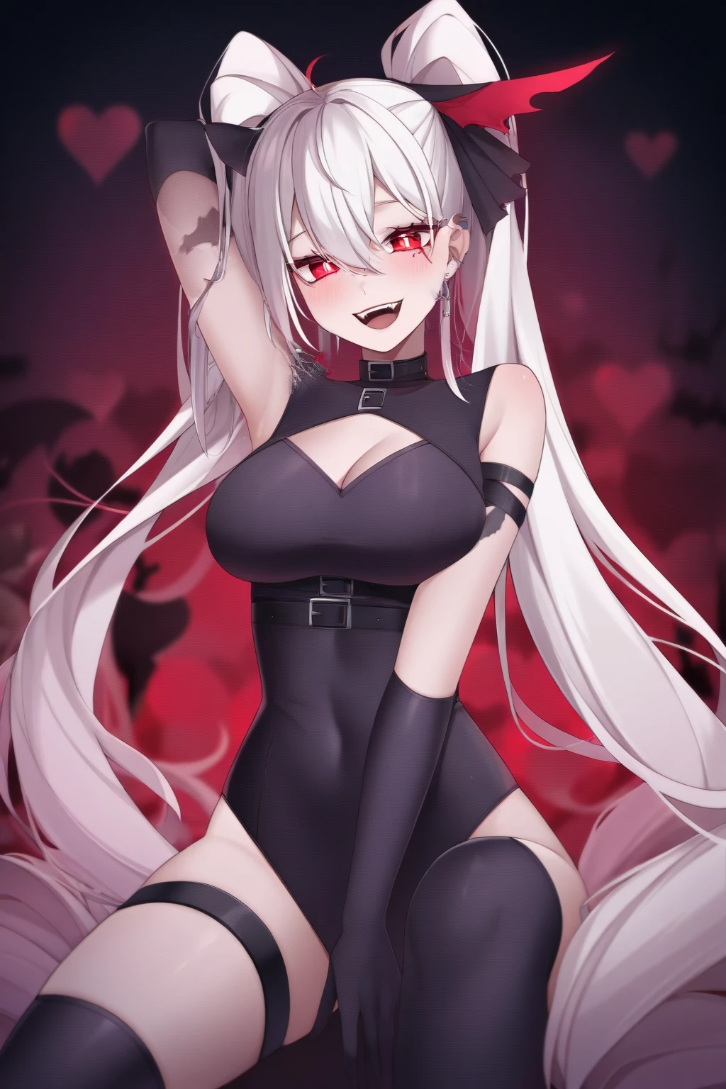 masterpiece, best quality, 1girl, silver hair, from below, sitting, hair ribbon, evil smile, half-opened eyes, hentai, cartoon style