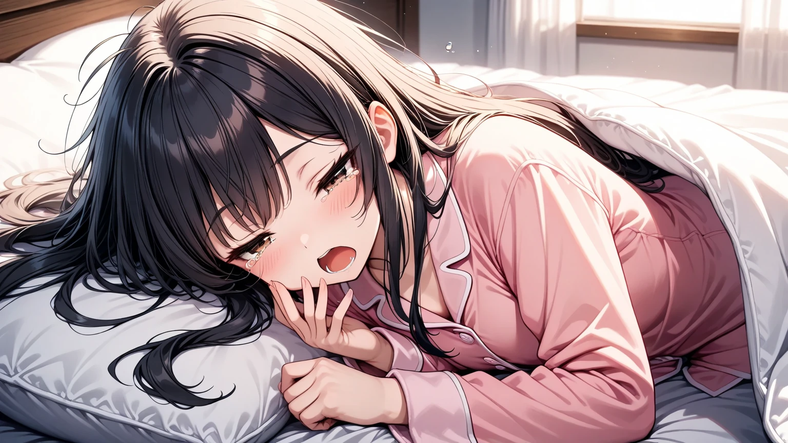 masterpiece, best quality,ultra detail,<lora:GoodHands-vanilla:0.8> <lora:anmnr01:0.3> <lora:add_detail:0.5> 1girl, petite,dutch angle,<lora:megumin_v2:0.7>,meguminpajamas,flat chest,night,indoor,on bed,lying,bedroom,sleeping,from above, upper body,<lora:largecirclemouth_v100:2>,open mouth,blanket,close eyes