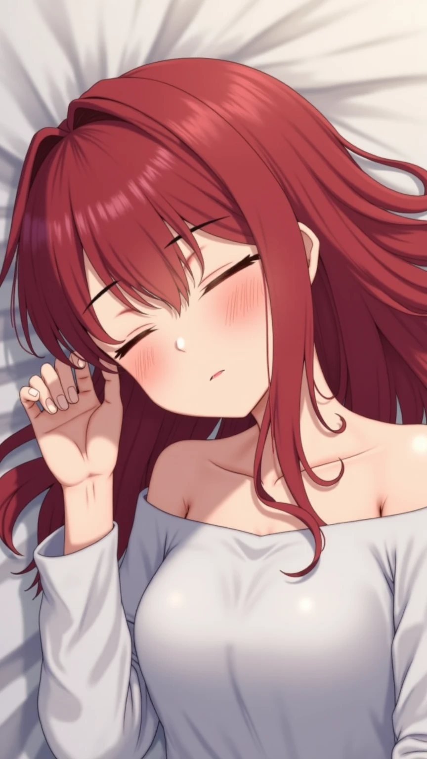 young woman, 21 years old, lying in bed, gray sad tones, the pain of parting, Red hair, only in branded underwear.