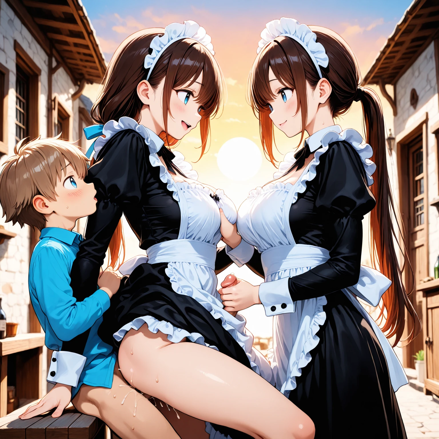 ((nsfw, nude, ???????,show off nipple,highest quality,aroused,beautiful busty,beautiful pussy, masterpiece, High resolution)),1girl, solo, Super huge breasts,plump,Whipped thighs,all body, portrait, ahoge, sidelocks, wide sleeves, hair over one eye, ((((maid,)))),(((spread legs,?????,,bedroom,sensual pose,garter straps,breasts ???????,looking at viewer,????????????,huge nipples,pink pussy,stockings,smail,spread pussy,pubic hair))), long sleeve