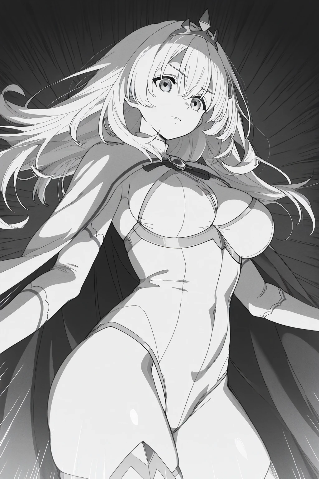 ((highest quality)), ((masterpiece)), (detailed background), anime style, solo, 1girl, ((curvy: 1.2)), kawaii, ((Lamé leotard)), ((catsuit)), white hair, ahoge, forehead, parted bangs, (Velvet cloak de cour), ((large breasts)), (zettai ryouiki black knee socks), (big butt), (thighs), (groin), beautiful eyes, perfect face, Perfect hands, perfect fingers, Blue sky and grassland,