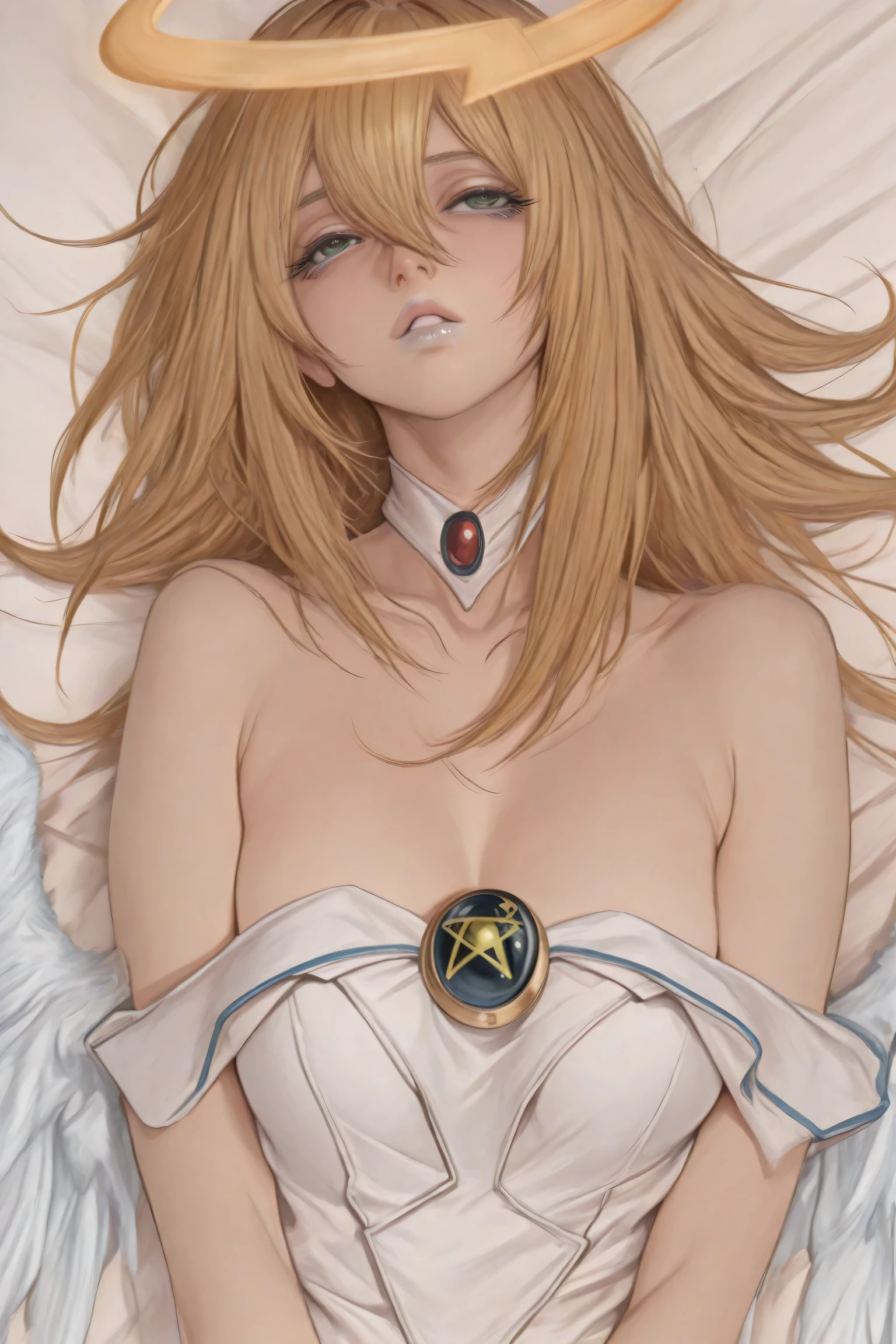open eyes, 1girl, hahdd, hair between eyes, long hair, shoulders, blonde hair, dark magician girl, angel halo, angel wings, angel outfit, white outfit, white gloves, face only, masterpiece, dakimakura, white lipstick, high quality features, eyes open,