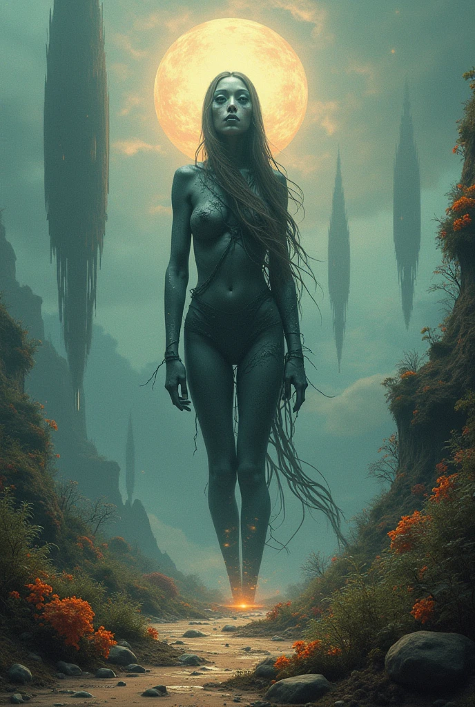 Blue and yellow alien woman on her skin, daughter of a small pearl that she holds in her hand. This shows her full body half naked. Her hair was the color of coal and so long that it reached her heels., alien on a planet with 5 moons
