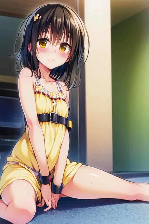 ((high quality anime, 8k,masterpiece,Perfect Anatomy)),nsfw,cowboy shot,1 female,(beautiful detailed face and eyes,gorgeous eye:1.3,black eyes),master of success,The perfect 20 years old,Black Hair、Straight hair,blunt bangs,(semi long hair),wet hair,hair flaps,in heat,tears,drooling,small breasts,small face:1.7,slender body,skinny,sweat:1.5,wet,(yellow Kungfu shirt、Short sleeve)、spread vagina herself,,Love juice:1.5、bottomless,barefoot、Look down、lying,Supine position on bed,Simple bed、Concrete wall、Dimly lit room、　