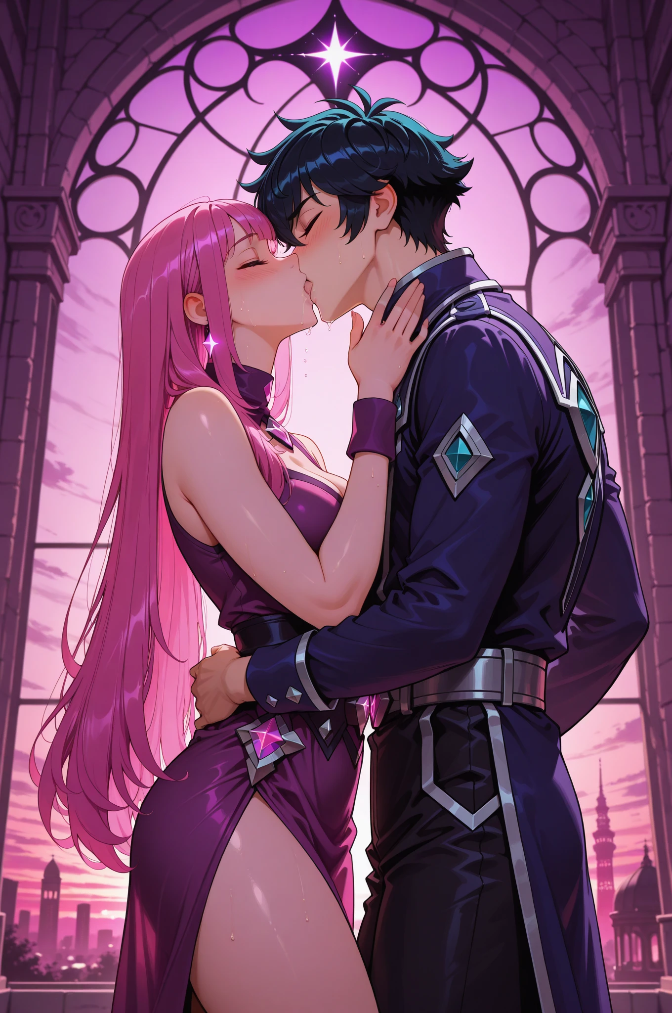 tamaki iroha, hooded cloak,bodystocking,pink miniskirt,gloves,long boots, pink long hair, hugging face, hand on mouth