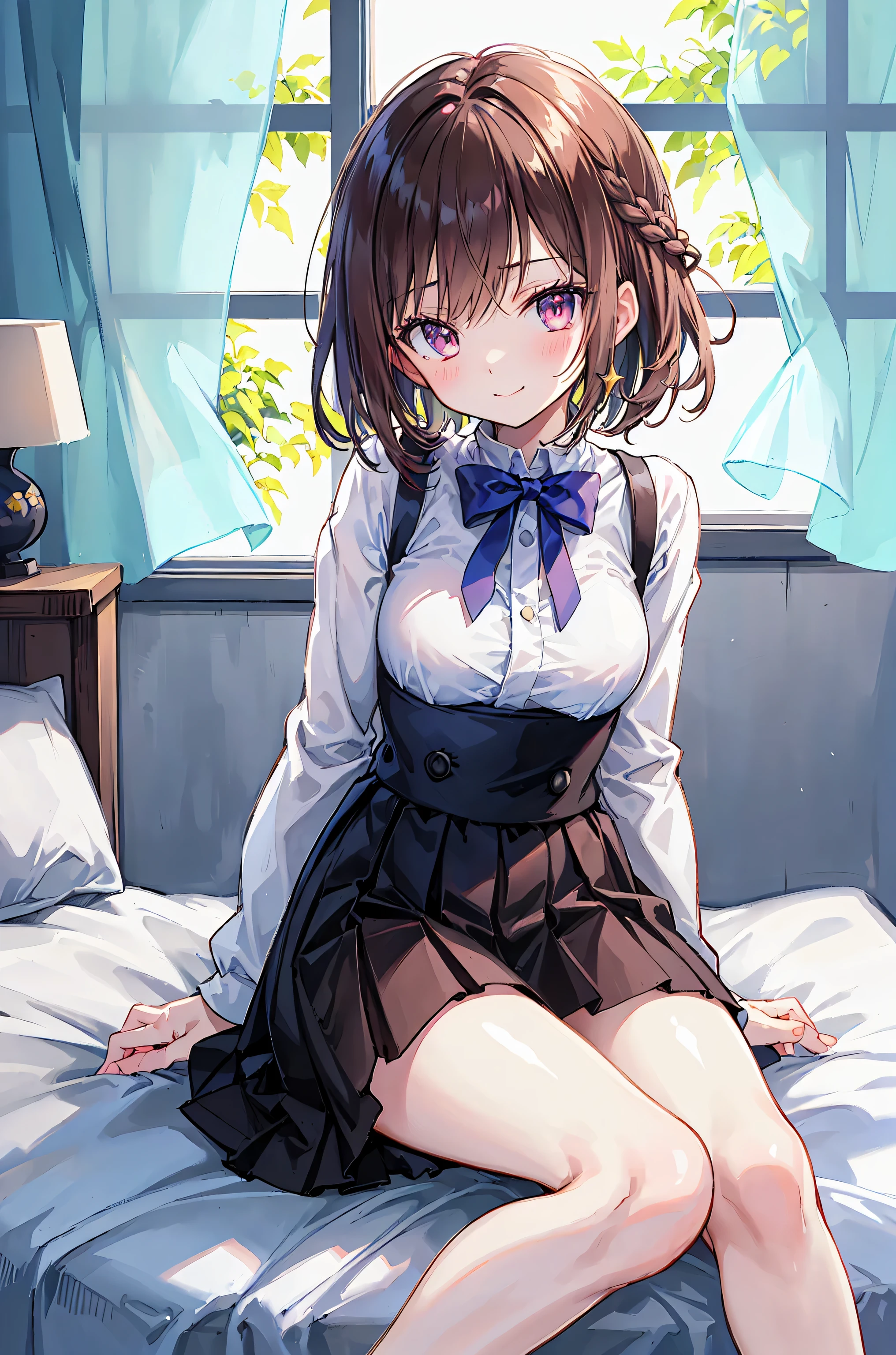 (Beautiful face with detailed shading), whole body, 40s, (Big Breasts), Beaver, Brown eyes, (Pink Cardigan), Open cardigan, White Camisole Blouse, (Yellow pleated skirt), White knee-highs, On the bed, (Tabletop)), ((Highest quality)), (Super detailed), ((Fascinating)), ((Very detailed)), 4K, (8K), Highest quality, (beautiful),(((World Class Quality))), Very detailed, High resolution,