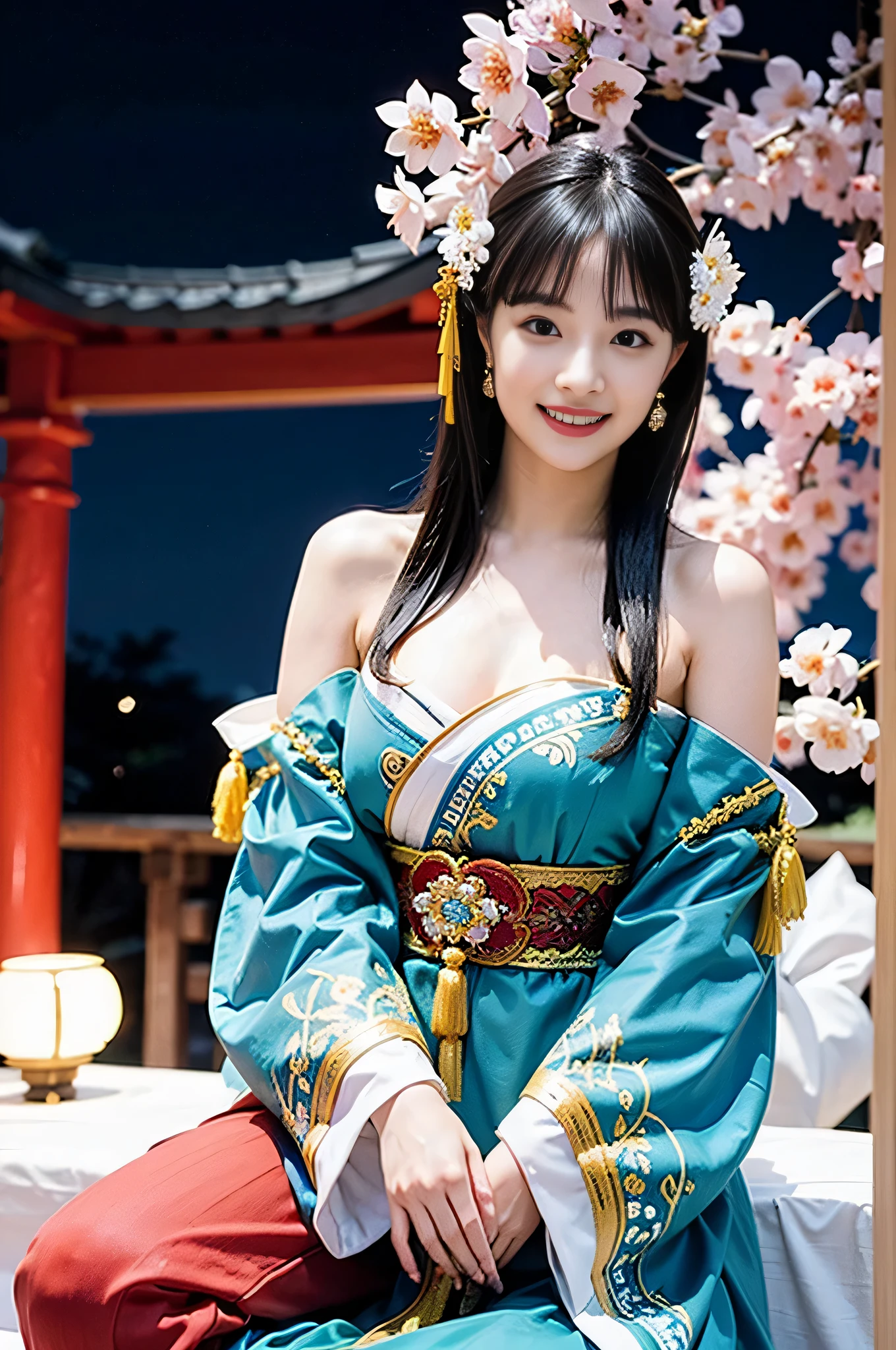 Diffuse lighting、 Highest quality, High resolution, unity 8k wallpaper、Supersaturation, Colorful, 8k解像度, 1 female、Japanese、23 years old、Close-up portrait、Red silk underwear，smile、Mature、Adult women、whole body、midnight、Sitting on a bed covered with flower petals、Sitting on the floor、Fantasy、mysterious、Woman with a Fan, onmyoji, onmyoji detailed art, onmyoji portrait,  4K, 8k,  Vibrant, Splash Art , Onmyoji、Spirit medium、
