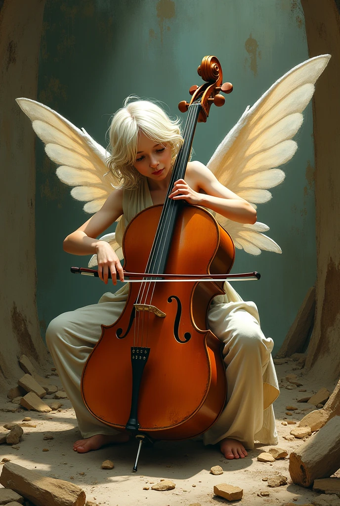 You can create a bare-breasted beaked angel with peregrine falcon wings., taking a classical string instrument. Baroque style, with artistic escorado