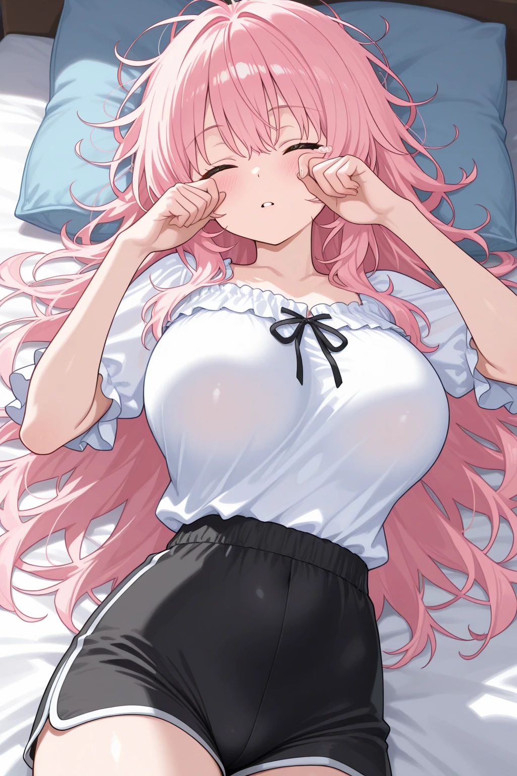 Masterpiece,Best Quality,(Super Detail),perfect writing, Highly detailed CG,Super detailed,(Highly detailed eyes,Very cute face,Highly detailed face:1.3),Beautiful Anime Girl,(Solo Girl),(Super huge boobs:1.4),(super huge breasts:1.4),(Sensual,Glamorous:1.4),(pink,very Long Hair,wave),(Big light purple eyes),Collared shirt,short sleeve shirt,Pleated skirt,lying on the bed,on back,school tight,pink pillow , pleated skirt, zettai ryouiki,high resolution,heart shaped pupils, plaid skirt, black stocking,claw pose,lie on bed,liying , full body , toe,full body seen,full-face blush,sexual climax,arms up,Close one eye, With tears in her eyes and her mouth open,open mouth,