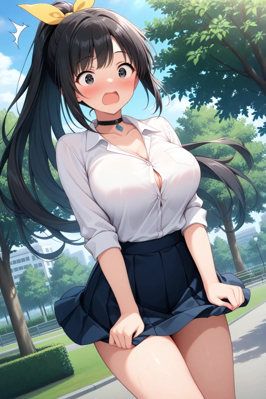 (best quality,4k,8k,highres,masterpiece:1.2), ultra-detailed, UHD, studio lighting, ultra-fine painting,sharp focus, physically-based rendering, extreme detail description, professional, vivid colors, bokeh, sexy woman, huge breasts, large breasts, curvy, voluptuous, black hair (straight bangs), brown eyes, long hair, female high school uniform, high school short plaid skirt, earrings, smile, standing, solo focus, high school, outdoors