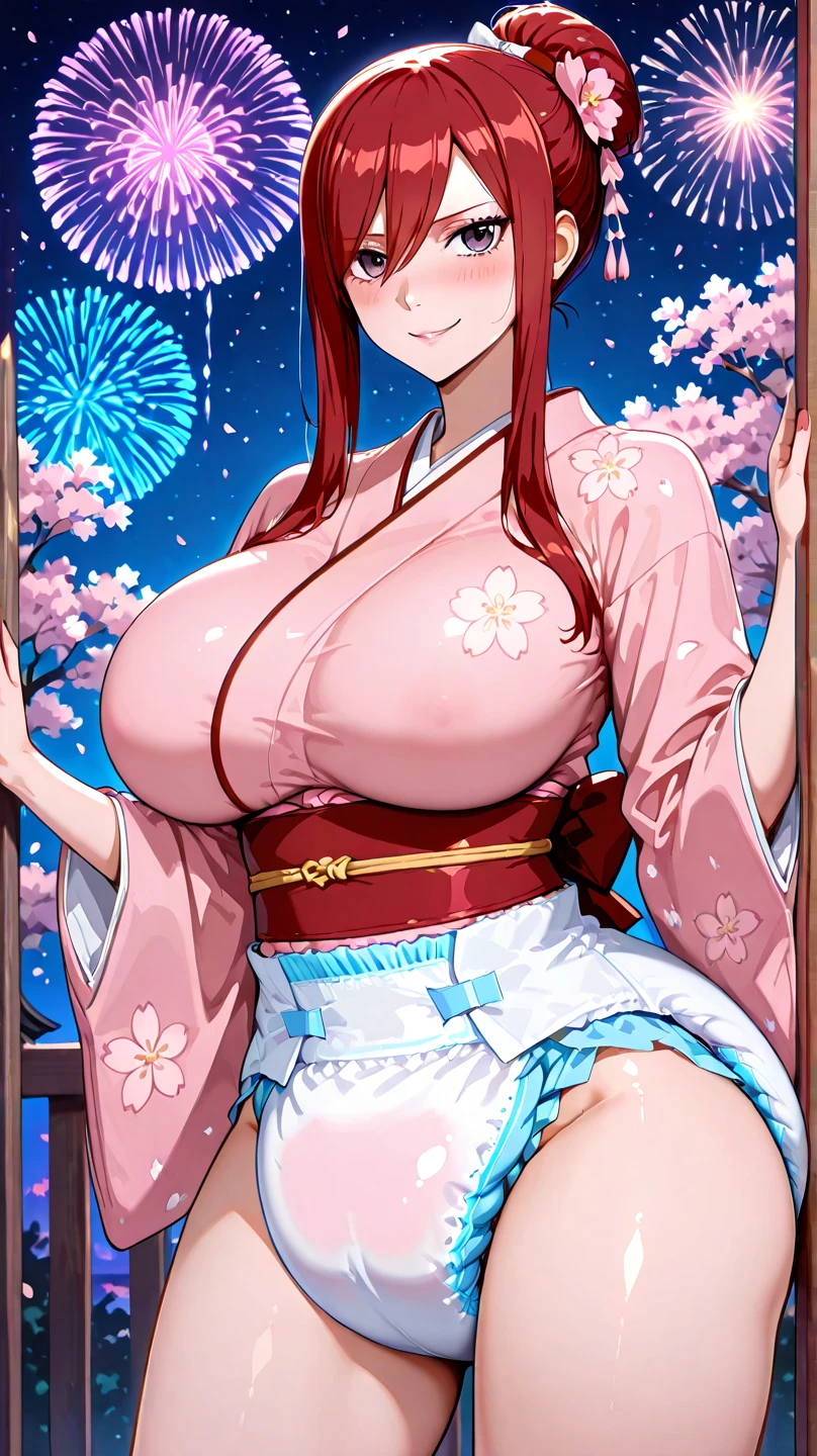 (best quality,highres,masterpiece),Nishikino maki, purple eyes,breasts, looking_at_viewer, blush, bangs, large_breasts, strapless ,hair_ornament, thighhighs, flower, heart, thighs, cowboy_shot, japanese_clothes, shiny, white_thighhighs, leotard, fingernails, shiny_skin, sash, tattoo, skindentation, highleg, thick_thighs, obi, ribbon_trim, highleg_leotard, legs_together, ribbon-trimmed_legwear, obijime, tomoe_(symbol), mitsudomoe_(shape)